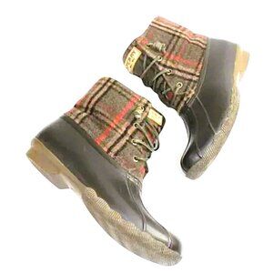 J Crew Sperry Syren Gulf Brown Plaid Flannel Wool Saltwater Duck Boots Size 7.5
